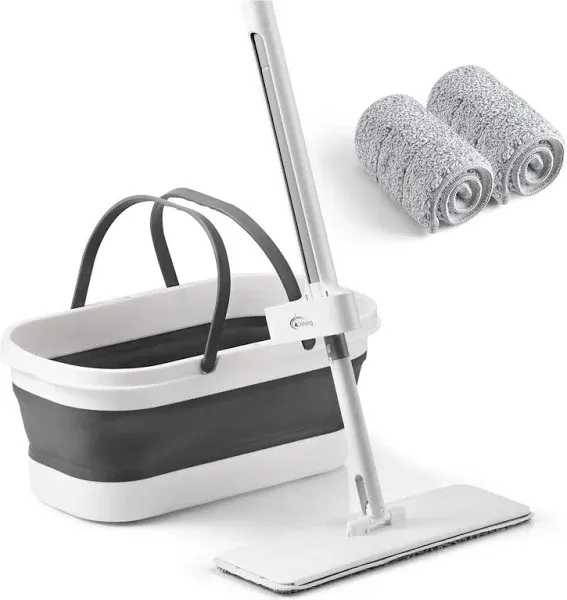 Effortless Floor Cleaning with Flat Mop &amp; Collapsible Bucket - 2 Pads Included