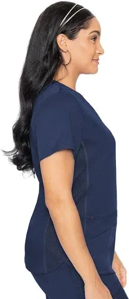 Med Couture V-Neck Scrub Top for Women with 4 Pockets, Rib-Knit Side Panel, and Shirttail Hem MC7459