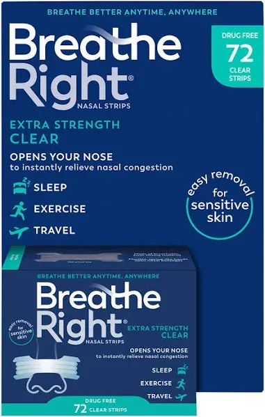 Breathe Right Nasal Strips Extra Strength Clear For Sensitive Skin Drug-Free ...