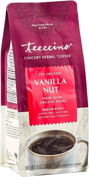 Teeccino Vanilla Nut Chicory Coffee Alternative - Ground Herbal Coffee That’s Prebiotic, Caffeine Free & Acid Free, Medium Roast, 11 Ounce