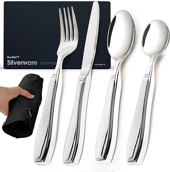 BunMo Weighted Utensils for Tremors and Parkinsons Patients - Heavy Weight Silverware Set of Knife, Fork and Spoon - Parkinsons Gifts for People with Parkinson's - Adaptive Eating Flatware (4 Pieces)