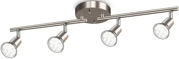 Ascher 4-Light LED Track Lighting Kit, Flexibly Rotatable Light Heads, 4 Way Ceiling Spotlight Matt Nickel Finish, Including 4 GU10 LED Bulbs (4W 400LM Daylight White 5000K)