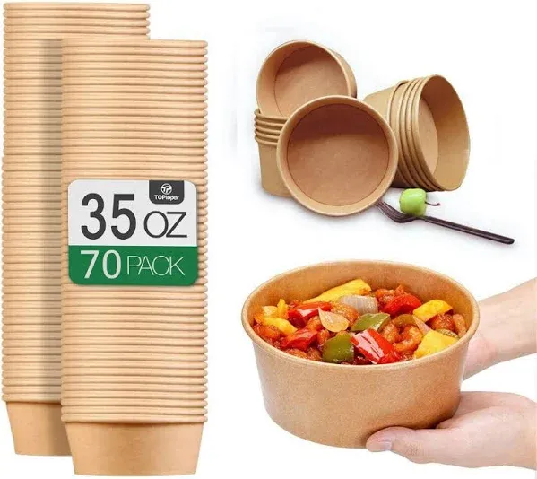 35 Oz Large Paper Bowls【No lids】 70 Pack Disposable Soup Bowls 35 OZ, Brown 