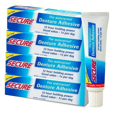 Secure Waterproof Denture Adhesive - Zinc Free - Extra Strong Hold for