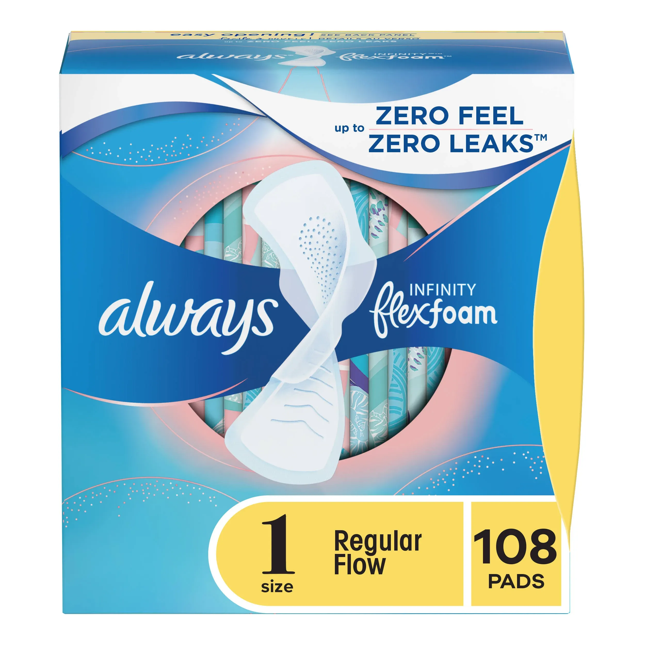 Always Infinity Feminine Pads for Women, Size 1 Regular, with Wings, Unscented, 108ct