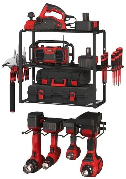 Stalwart Power Tool Organizer - 4-Tier Garage Shelving Unit with 140lb Max Capacity - Wall Mount Garage Storage System for Tools