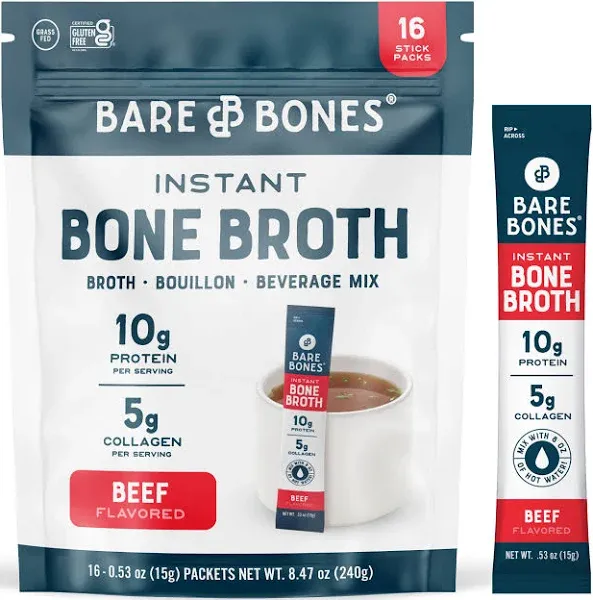 Bare Bones Broth - Bone Broth Beef Instant Stock - Case of 8 (2.12 Oz)