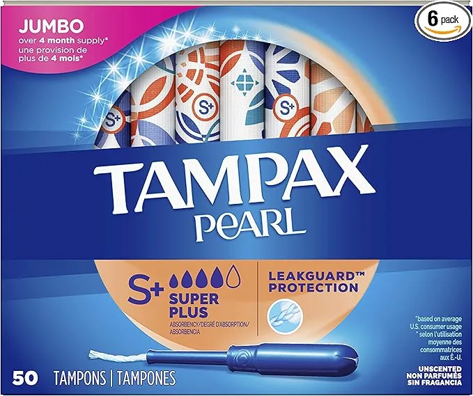 Tampax Pearl Tampons with Plastic Applicator, Super Plus Absorbency, Unscented, 50 Count - Pack of 6 (300 Count Total)