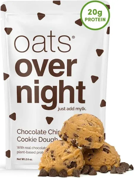 Oats Overnight - Chocolate Chip Cookie Dough - Vegan, 20g Protein, High Fiber Breakfast Shake - Gluten Free, Non GMO Oatmeal (2.6 oz per meal) (8 Pack)