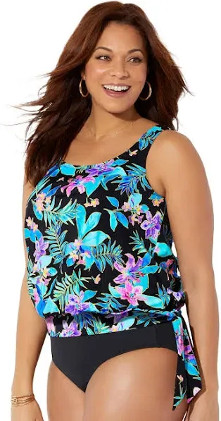 Swimsuits for All Women's Plus Size Side Tie Blouson Tankini Top