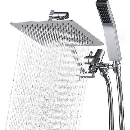 G-Promise All Metal 8&#034; Dual Square Rain Shower Head Combo | Handheld Shower