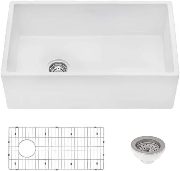 Ruvati 30-inch Fireclay Farmhouse Offset Drain Kitchen Sink Single Bowl White - Left Drain - RVL2018WL