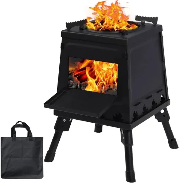 Wood Burning Camp Stove, Folding Cast Iron Camping Wood Stove with Carrying Case Portable for Backpacking Outdoor Cooking BBQ, Black, Large