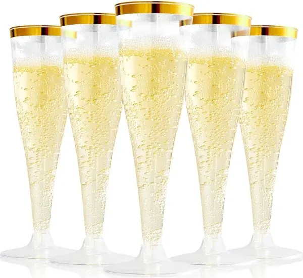 FOCUSLINE 100 Pack Plastic Champagne Flutes, 4.5 oz Gold Rim Glasses, Disposable Clear Toasting Glasses Recyclable Cups for Wedding Party