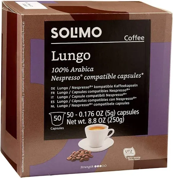 Amazon Brand - Solimo Lungo Capsules, Compatible with Nespresso Original Brewers, Medium Roast, 50 Count (Pack of 1)