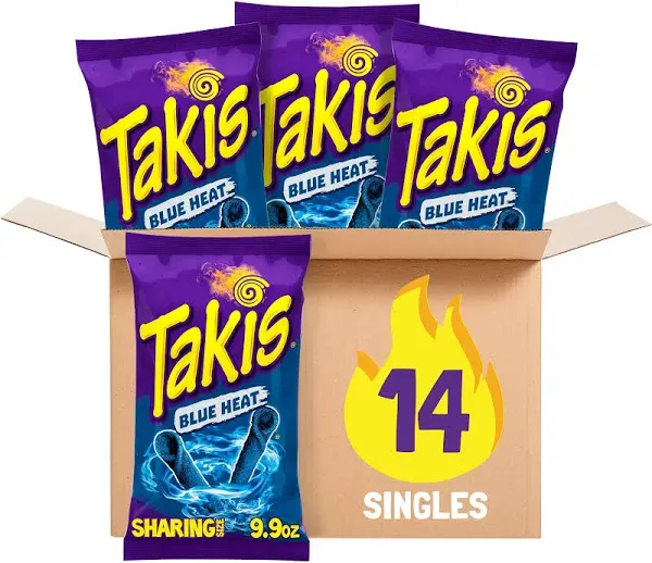 Takis Blue Heat 14 ct, 9.9 oz Sharing Size Case, Hot Chili Pepper Flavored Extreme Spicy Rolled Tortilla Chips