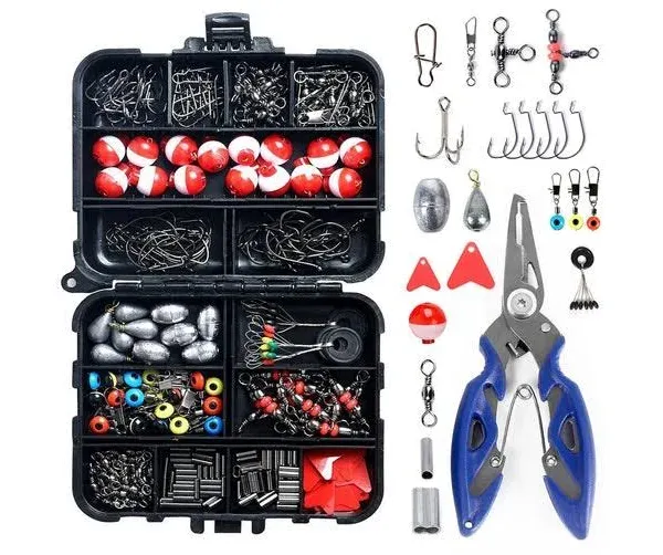 263pcs Fishing Accessories Set with Tackle Box Including Plier Jig Hooks Sinker Weight Swivels Snaps Sinker Slides