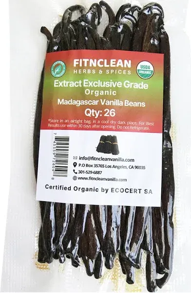 26 Organic Madagascar Vanilla Beans Extract Exclusive Grade B| 4.5 inch - 5.5 inch by Fitnclean Vanilla| Certified USDA Organic. Bulk Dry Whole