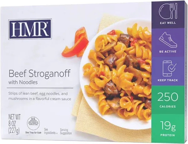 HMR Beef Stroganoff with Noodles Entrée | Pre-packaged Lunch or Dinner to Support Weight Loss | Ready to Eat | 19g of Protein | Low Calorie Food | 8oz Serving per Meal | Pack of 6