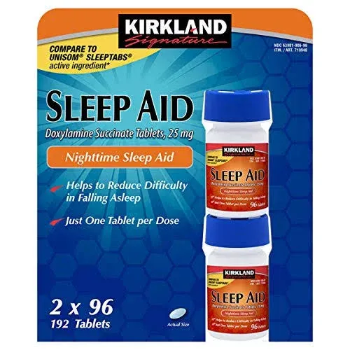 Kirkland Signature Sleep Aid Doxylamine Succinate 25 mg x Tabs (53201812) No Flavor 96 Count, Packaging May Vary