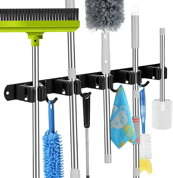 5 Racks and 4 Hooks Mop and Broom Holder Wall Mount Self Adhesive Heavy Duty ...