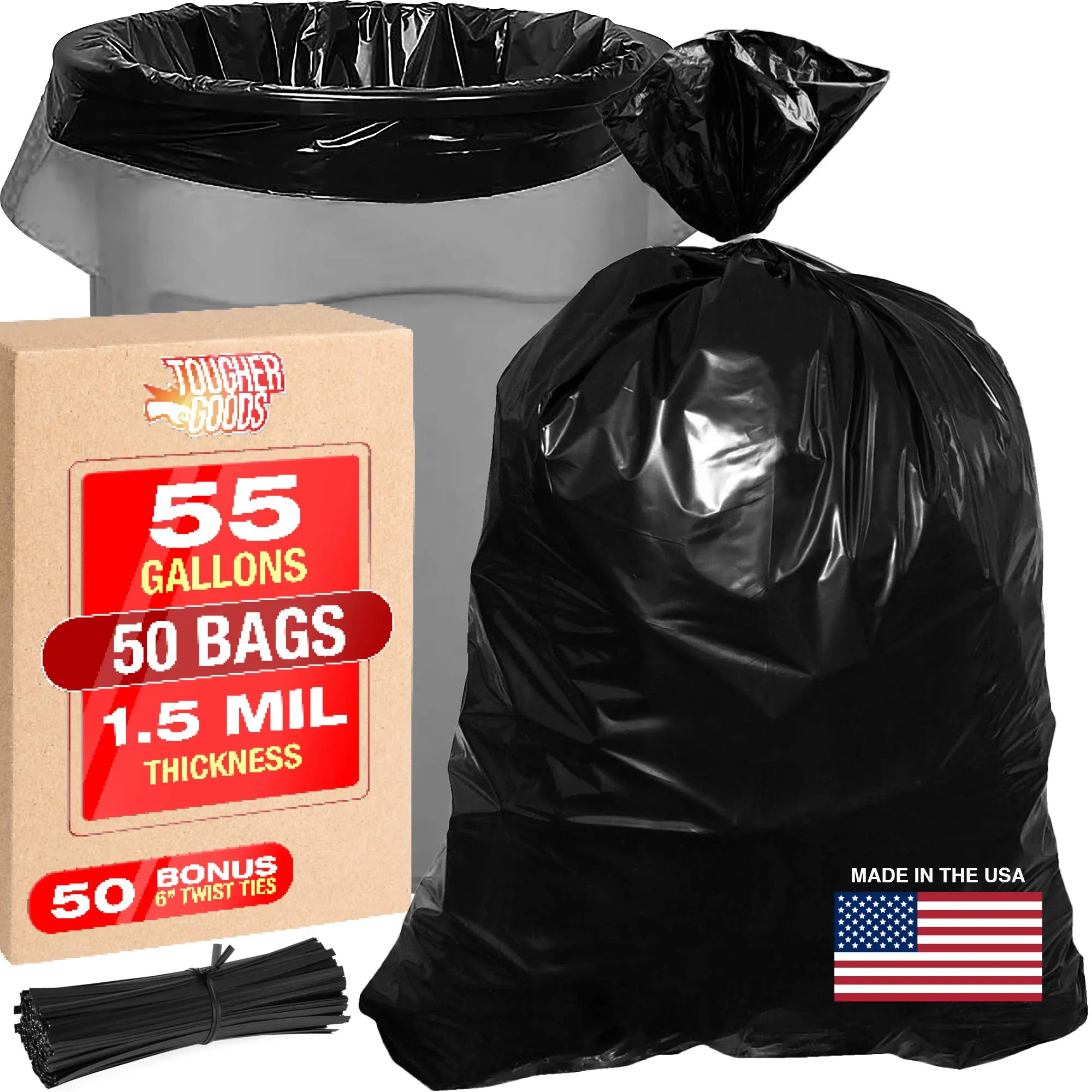 55 Gallon Trash Bags, 55-60 Gallon Trash Bags Heavy Duty (50 COUNT) - Large B...