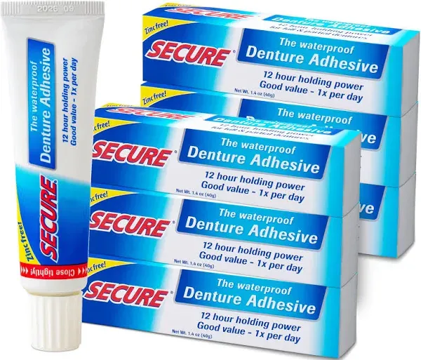 Secure Waterproof Denture Adhesive - Zinc Free - Extra Strong Hold for