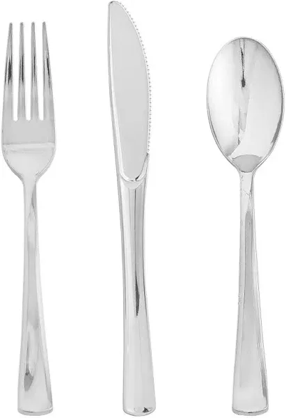 FOCUSLINE 75 Pack Silver Plastic Silverware Disposable Cutlery Set - 25 Forks, 25 Knives, 25 Spoons - Disposable Flatware Heavy Duty Plastic Utensils