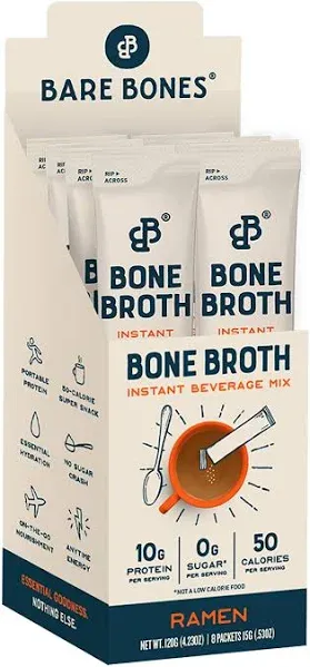 Bare Bones Bone Broth Instant Powdered Mix, Variety Pack, 4 Ramen, 4 Mushroom, 4 Lemon Ginger and 4 Thai Coconut, 15g Sticks, 10g Protein, Keto & Pal