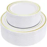 Setup [100 Piece Combo White Gold Rimmed Plastic Plates, Disposable Plates for Party - Premium Heavy-Duty Wedding Plates, 50 Disposable 10.25"