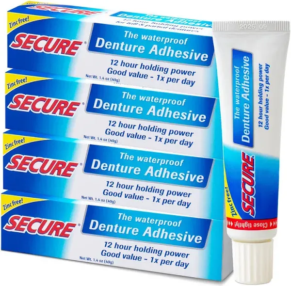 Secure Waterproof Denture Adhesive - Zinc Free - Extra Strong Hold for Upper, Lower or Partials - 1.4 oz