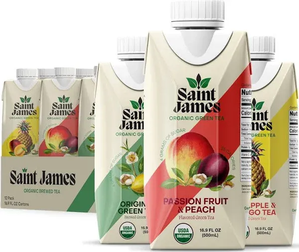 Saint James Iced Tea | Organic Green Tea | Organic, Non-GMO Green Tea, 12 Pack (16.9oz each) (Variety)