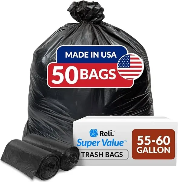 Reli. 55-60 Gallon Trash Bags Heavy Duty | 50 Bags | 50-60 Gallon | Large Black 