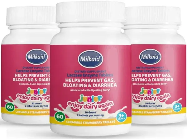 Milkaid Junior Lactase Enzyme Chewable Tablets for Lactose Intolerance | Prevents Gas, Bloating, Diarrhea in Children| Fast Acting Dairy Digestive Supplement for Kids| Strawberry Flavor | 60 ct (3)