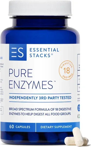 Essential Stacks Pure Digestive Enzymes (Gluten, Dairy & Soy Free) - 18 Enzymes for Digestion incl. Amylase, Lipase & Lactase - Vegetarian & Non-GMO (60 Capsules)