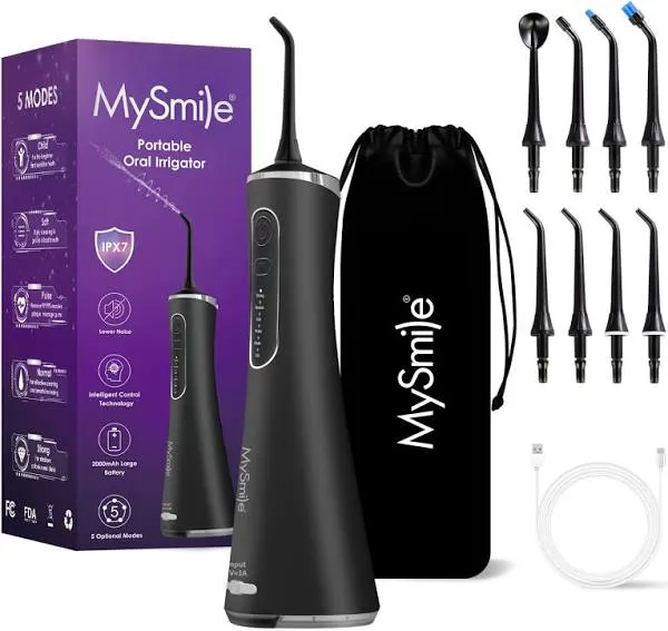 MySmile LP211 Cordless Advanced Water Flossers for Teeth 5 Cleaning Modes Rechargeable Power Dental Flosser 8 Replacement Jet Tips IPX 7 Waterproof