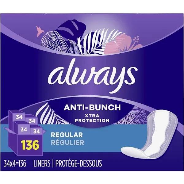 Always Anti-Bunch Xtra Protection, Panty Liners For Women, Extra Long Length, Unscented, 68 Count