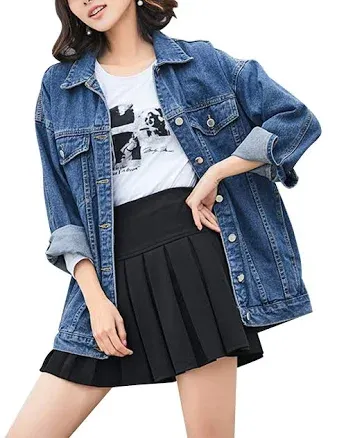 Women&#x27;s Oversized Mid Long Denim Jacket Jean Biker Coat Dark Blue