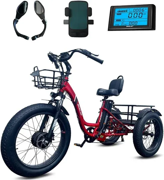 EMOJO Electric Tricycle 20 x 4.0 Inch Fat Tire Caddy Pro Trike 500W 48V 7 Speed Hybrid Bicycle with Hydraulic Brake Oversize Rear Cargo and Front Basket for Heavy-Duty Carrying or Delivery