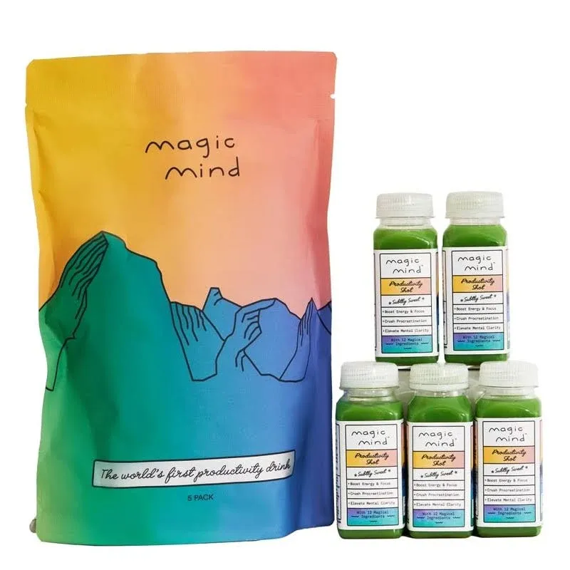 Magic Mind Focus Energy Drink Shots - No Jitters, Stress Relieving, Ashwagandha, Functional Mushrooms, Matcha Green Tea, Vitamin B12, Vitamin C - 2 FL Oz (5 Pack)