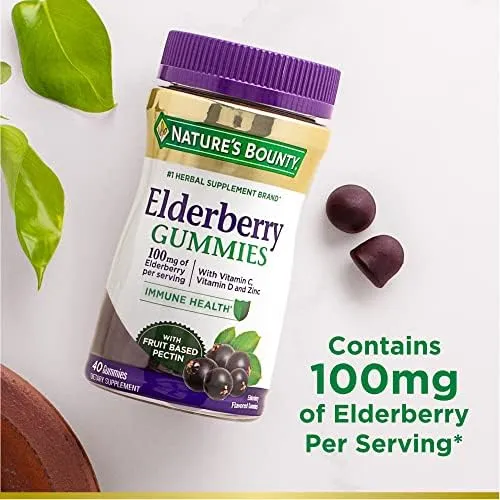 Nature's Bounty Elderberry Gummies, Dietary Supplement, Supports Immune Health, Contains Vitamin A, C, D, E and Zinc, 100 mg, 120 Gummies