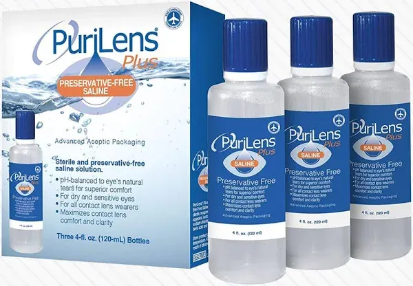 PuriLens Plus Preservative Free Saline Three 4 Fl Oz(120-mL) Bottles