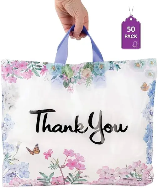 Purple Q Crafts Thank You Bags for Business 50 Pack 15" W x 12" H Floral Plastic Shopping Bags With Soft Loop Handle