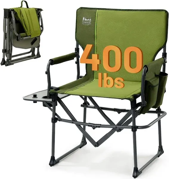 TIMBER RIDGE Heavy Duty Camping Chair with Compact Size, Portable Directors Chair with Side Table and Pocket for Camping, Lawn, Sports and Fishing, Supports Up to 400lbs, Green