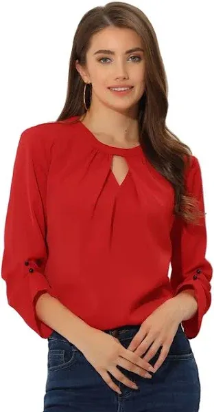 Allegra K Women's Work Office Keyhole Pleated Front Ruched 3/4 Sleeve Chiffon Blouse