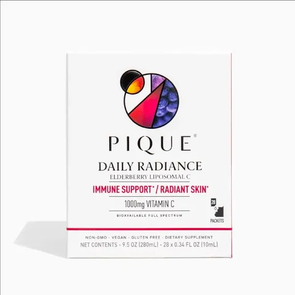 Pique Daily Radiance Liposomal Vitamin C for Immune Support - 1,000 mg Vitamin C & 1,900 mg Elderberry per Packet, Powerful Antioxidants for Healthy