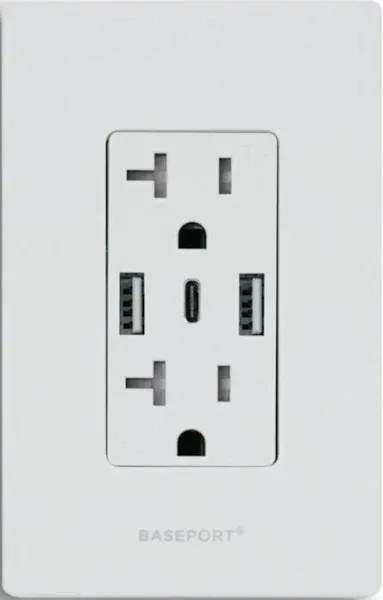 Baseport Premium Wall Outlet with USB Ports - 125V 20 Amp Outlet, 5V/6A USB Outlets Receptacles, Dual USB-A, 1 USB-C, Single Gang White Faceplate