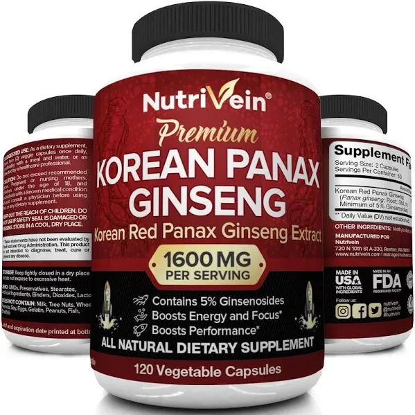 Nutrivein Korean Red Panax Ginseng 1600mg - 120 Caps - High Strength Ginsenoside