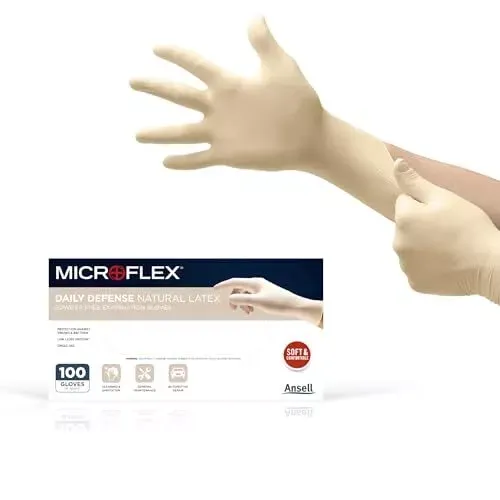 Microflex 10-754 Daily Defense Disposable Latex Gloves for Cleaning, Food Prep w/Textured Fingertips - Natural