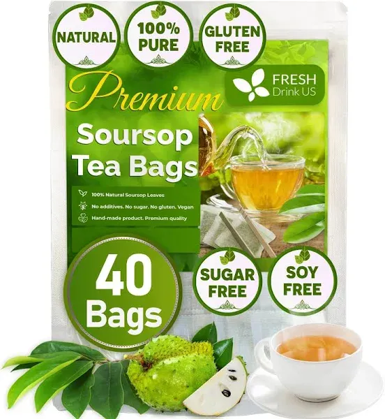 Premium 40 Soursop Graviola Leaf Tea Bags, 100% Natural+Pure from Soursop Leaves, Handmade, Made With Natural Materials-Corn Fiber Tea Bag, Sugar/Caffeine/Gluten Free, Hoja Guanabana Tea